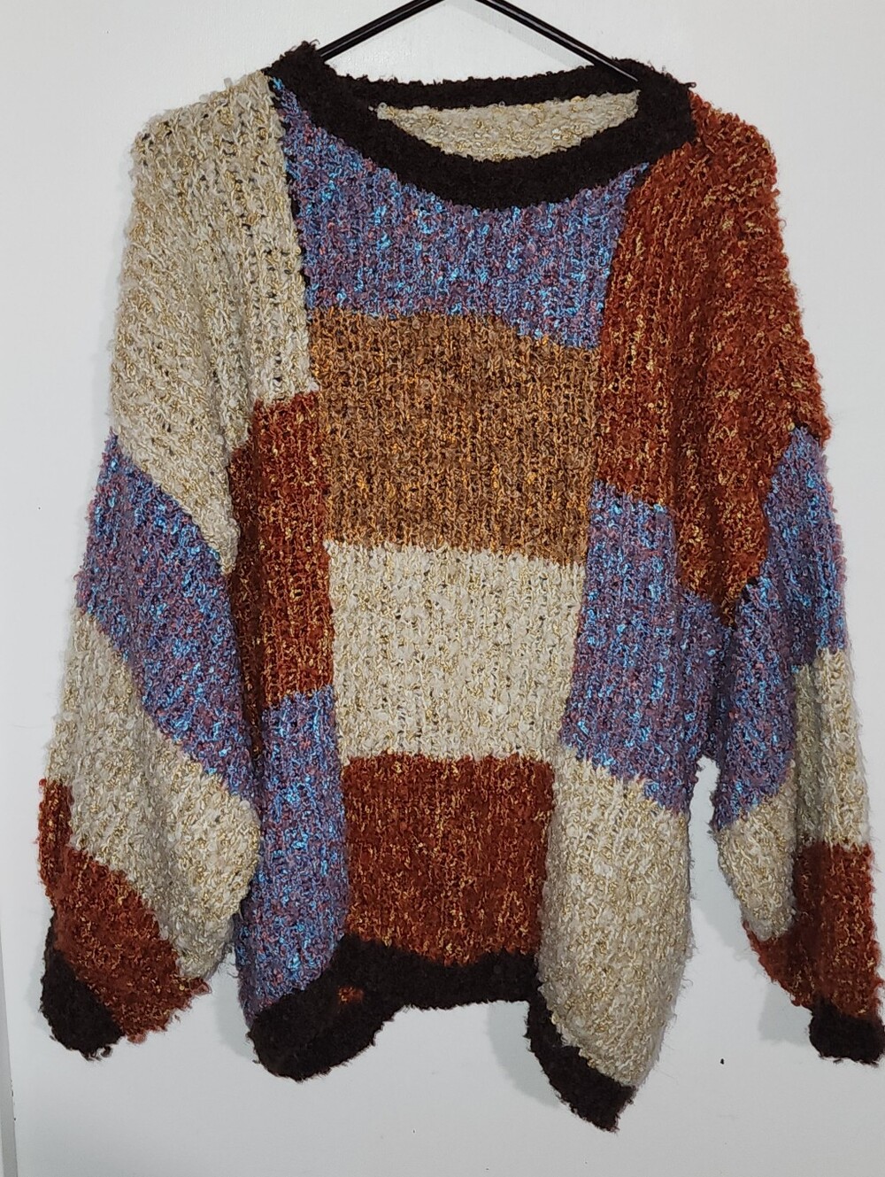 Vintage Artisan Chunky Knit Patchwork Crewneck Sweater Boho Grunge Earthy